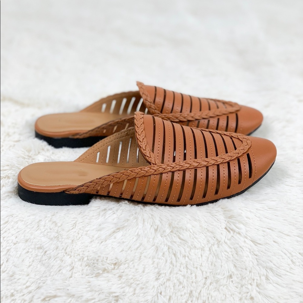 Braided Trim Strappy Slip On Almond Toe Flat Mules - Picture 4 of 5
